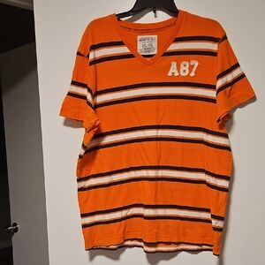 Aeropostale Men's Orange and White Striped Tee